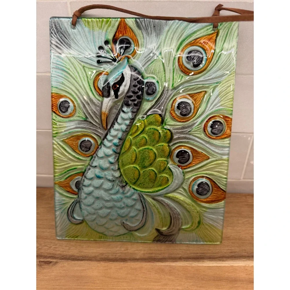 Pier One Reverse Painting‎ Peacock Textured Glass Wall Art Plaque Hanging Decor